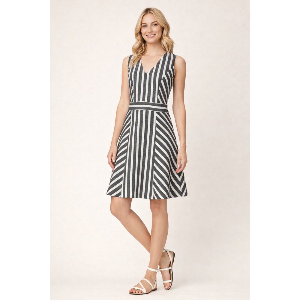 J.Crew Black White Striped Dress Fit Flare Sleeveless Classic Chic Size 10